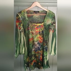 B.L.E.U. Green Multi-Color Floral Sheer Blouse